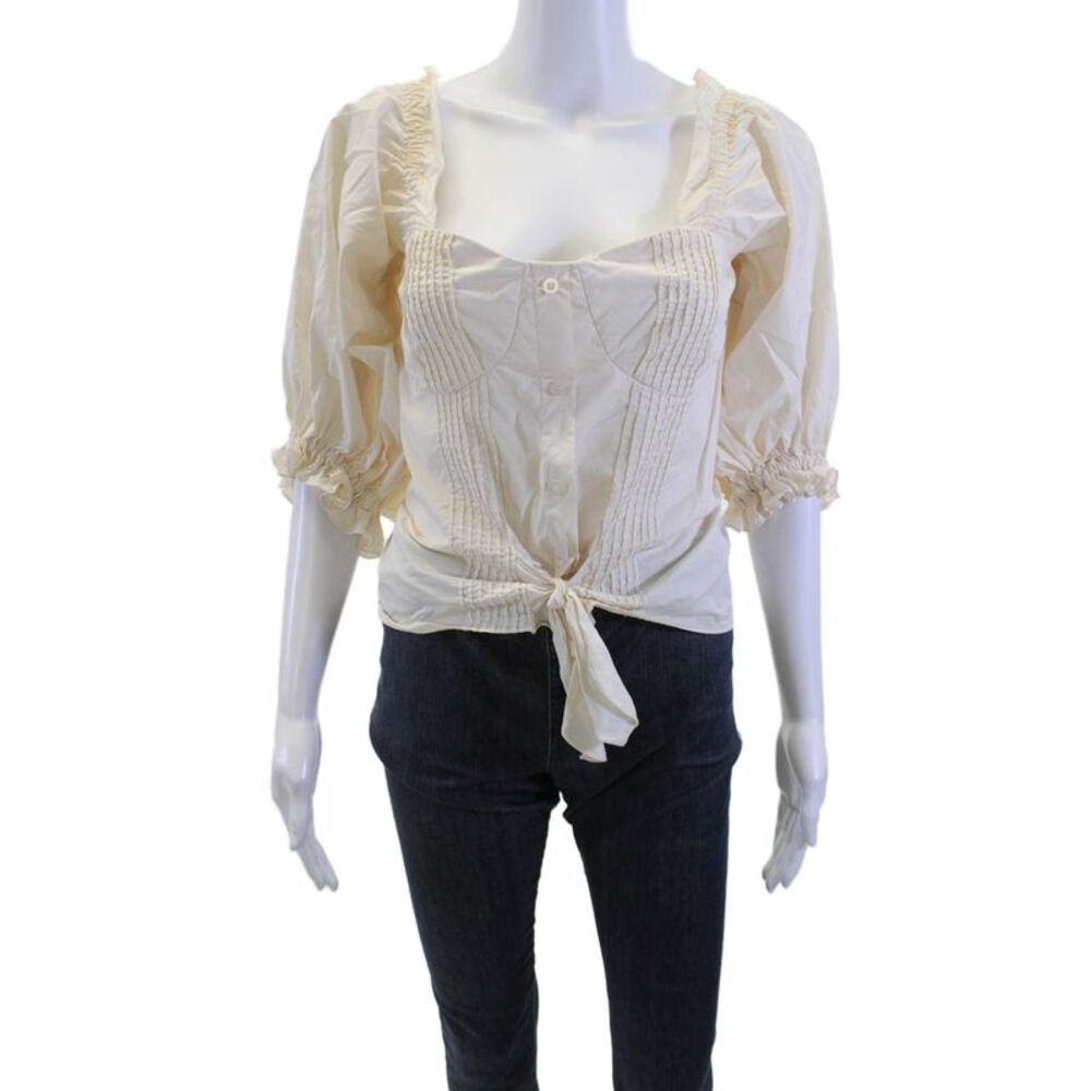 Johanne Ortiz, Women Blouse Beige Bohemian Square Neck Short Sleeve Size 10